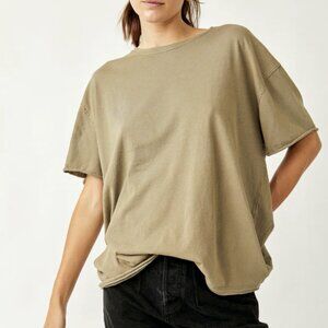 Free People - We The Free -  Olive Stone Crew Neck Raw Edge Seams Boxy Nina Tee